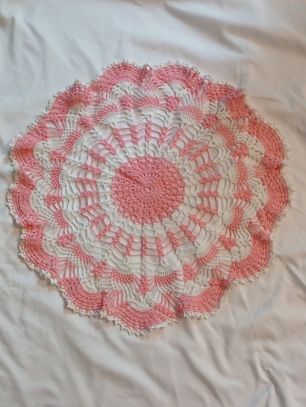 Handmade Pink & White Crochet Doily 20"